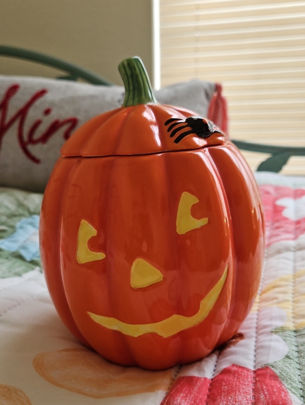 Vintage Hallmark Orange Pumpkin Cookie Jar with Green Stem and Yellow Face
